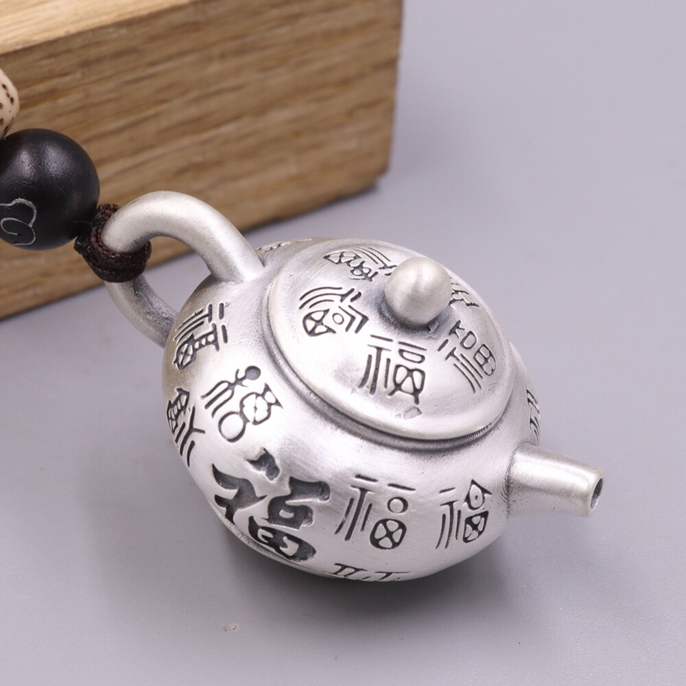 Pure S999 Fine Silver 999 Handmade Lucky Fu Teapot Pendant 25-26g 36*25mm