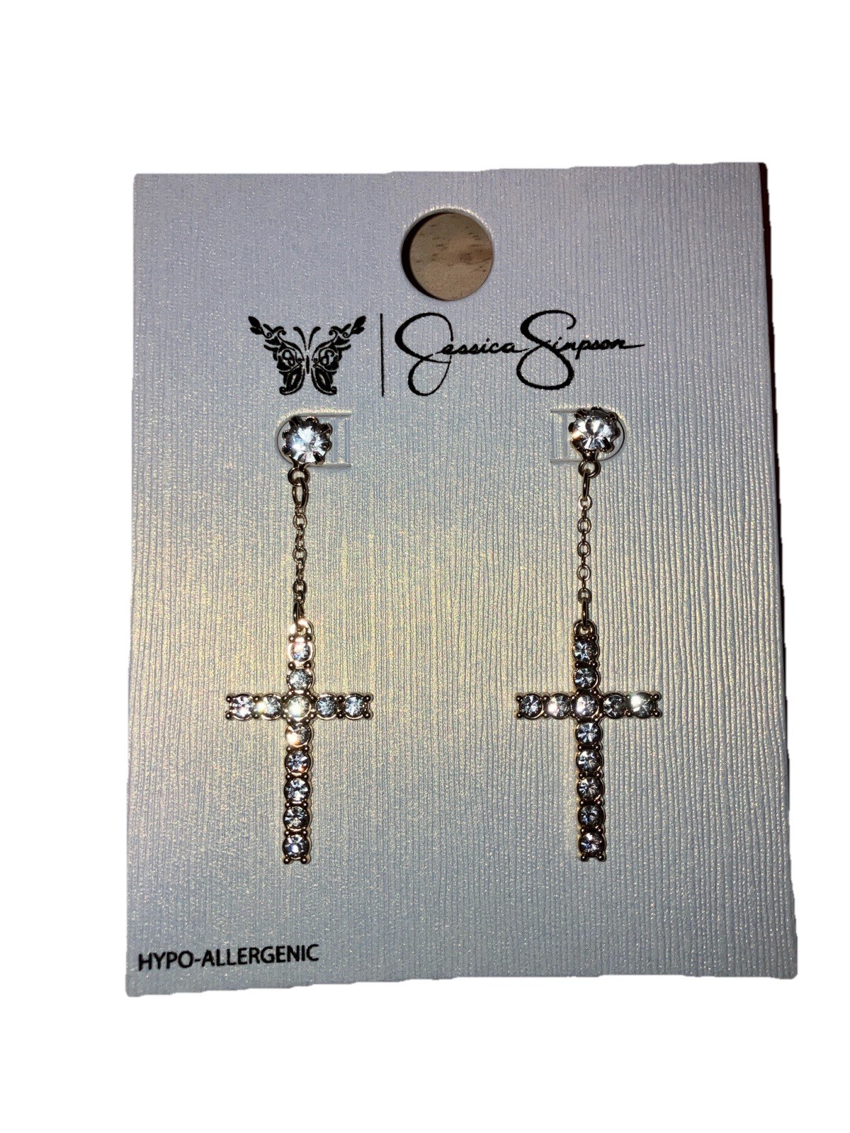 Jessica Simpson Gold Tone Rhinestone Encrusted Drop Cross Pierced Earrings 3”