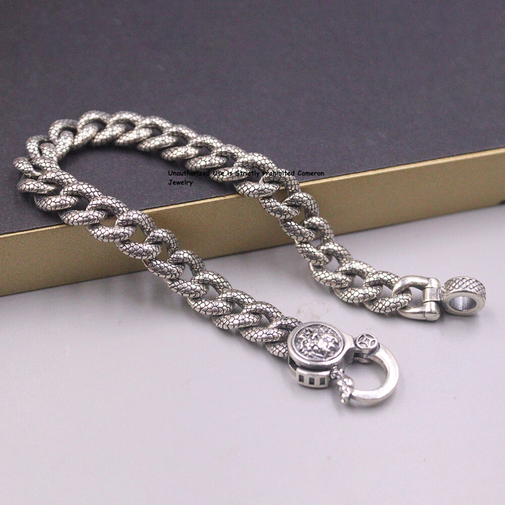 Pure S925 Sterling Silver Chain Men 9mm Dragon Curb Link Bracelet 34-35g 7.9inch