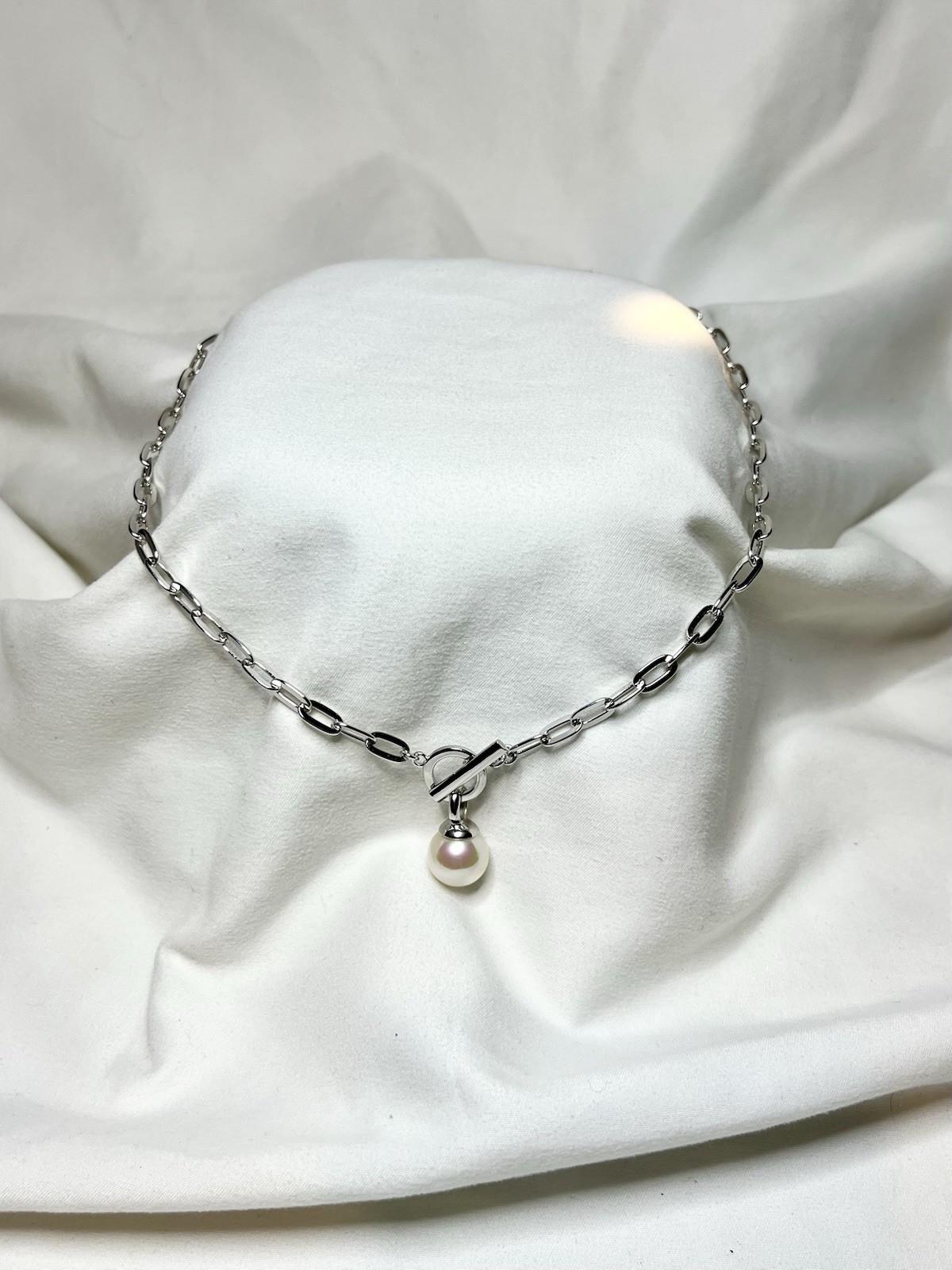 925 Sterling Silver Paperclip Chain Toggle Clasp Pearl Pendant Necklace Charm