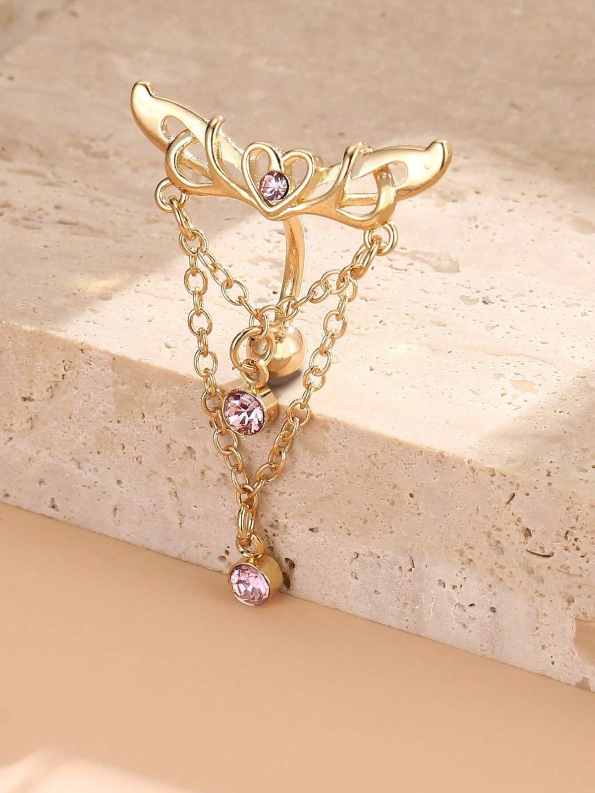 Rhinestone Heart Wing Dangle Belly Button Ring Stainless Steel Navel Piercing