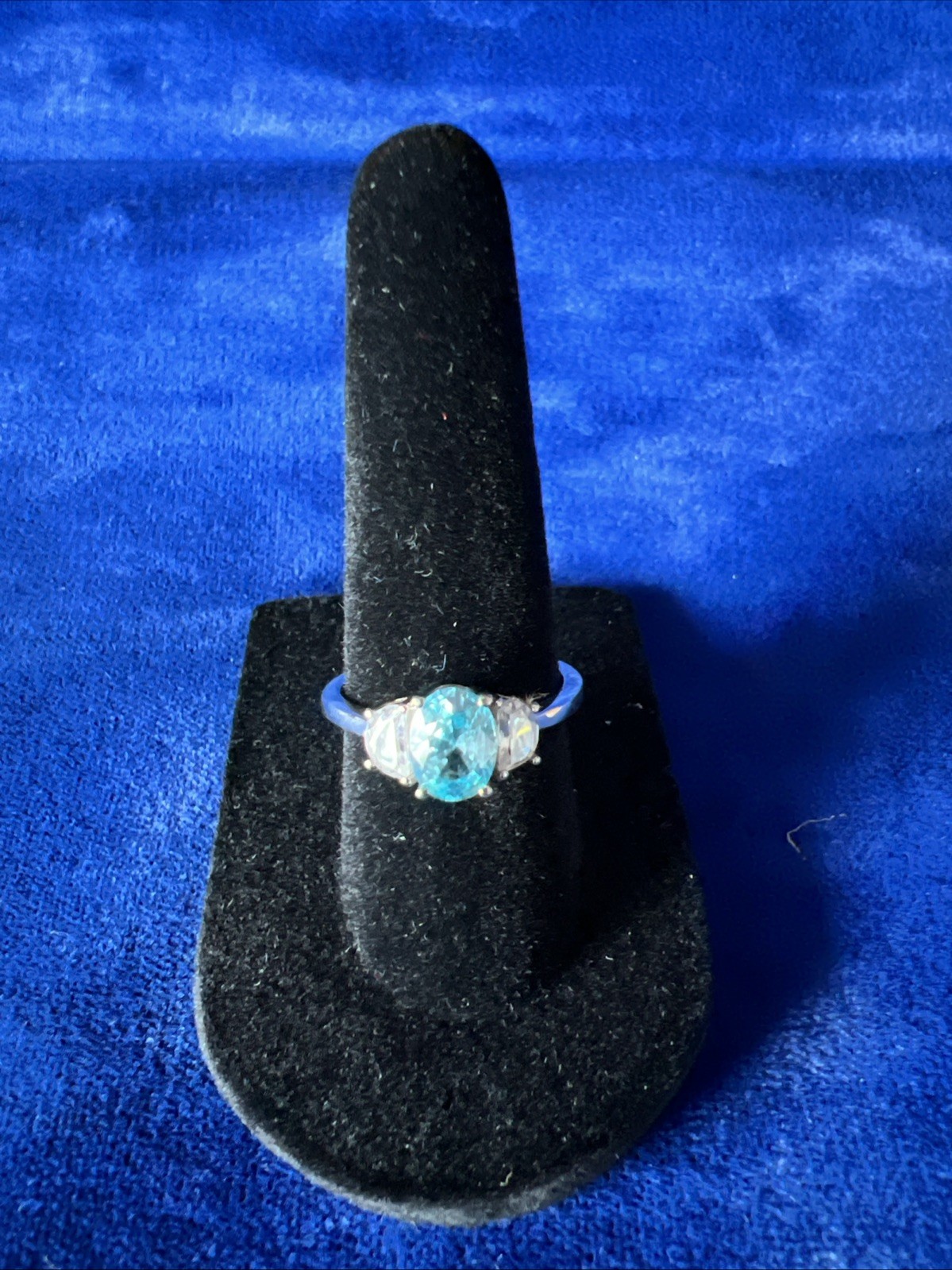 New Cambodian Blue Zircon and White Zircon Ring Size 7 Sterling Silver