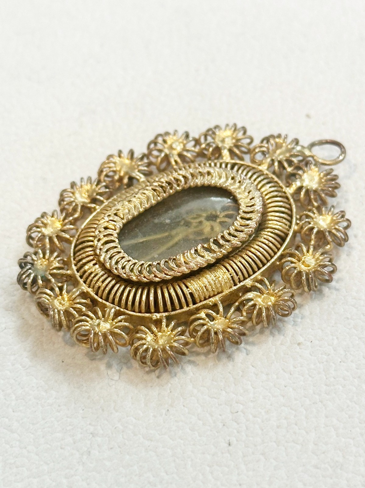 Philippines Tambourine Reliquary Gold Gilt Filigree Pendant 1930’s