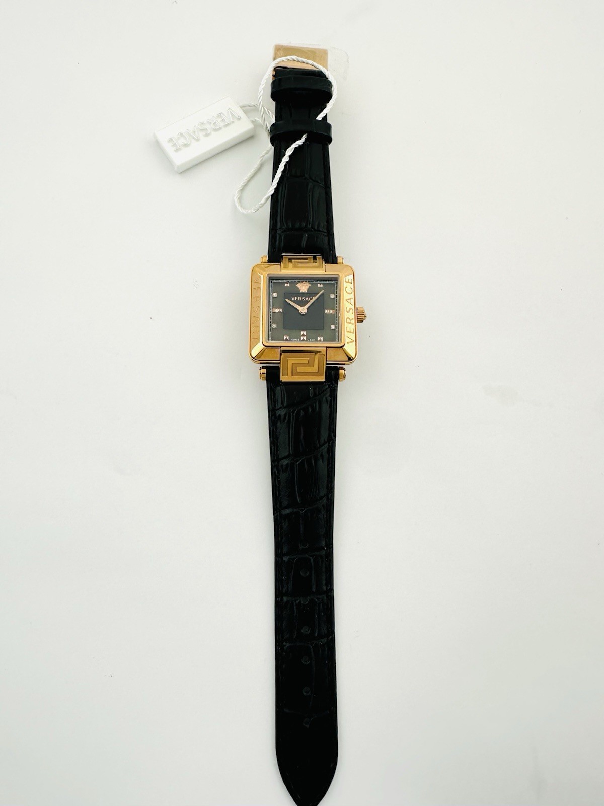Versace Women’s 88Q80SD008S009 Rêve Carré Diamonds Black Leather Strap Watch 88Q