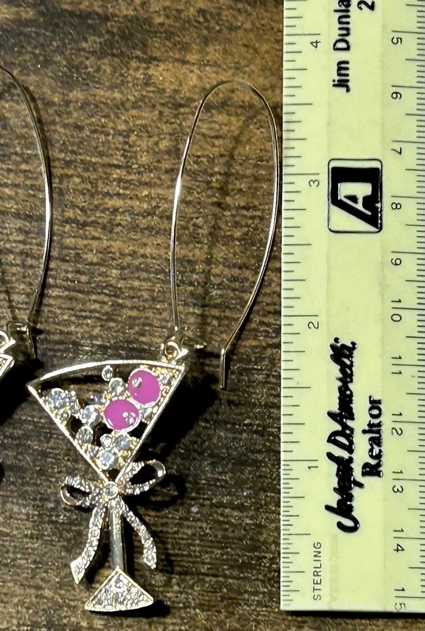 Crystal Enamel Cocktail Glass Earrings With Bow Long Wire Hook 3.75”