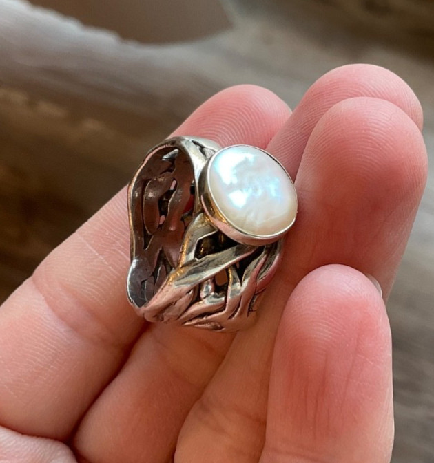 Vintage 925 Sterling Silver Woven Statement Ring White Mother of Pearl Sz 10.5