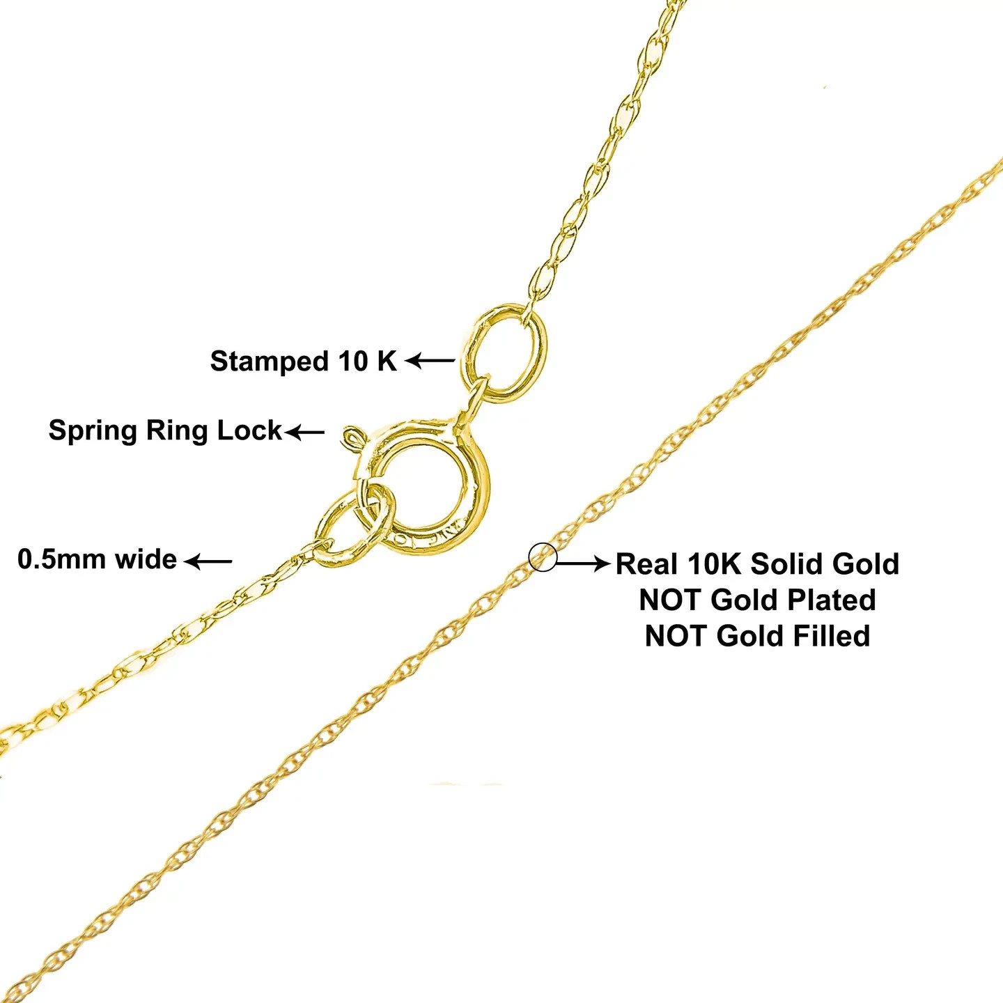 Solid 10K Gold Rope Chain 0.5mm with Spring Ring | Rose Gold