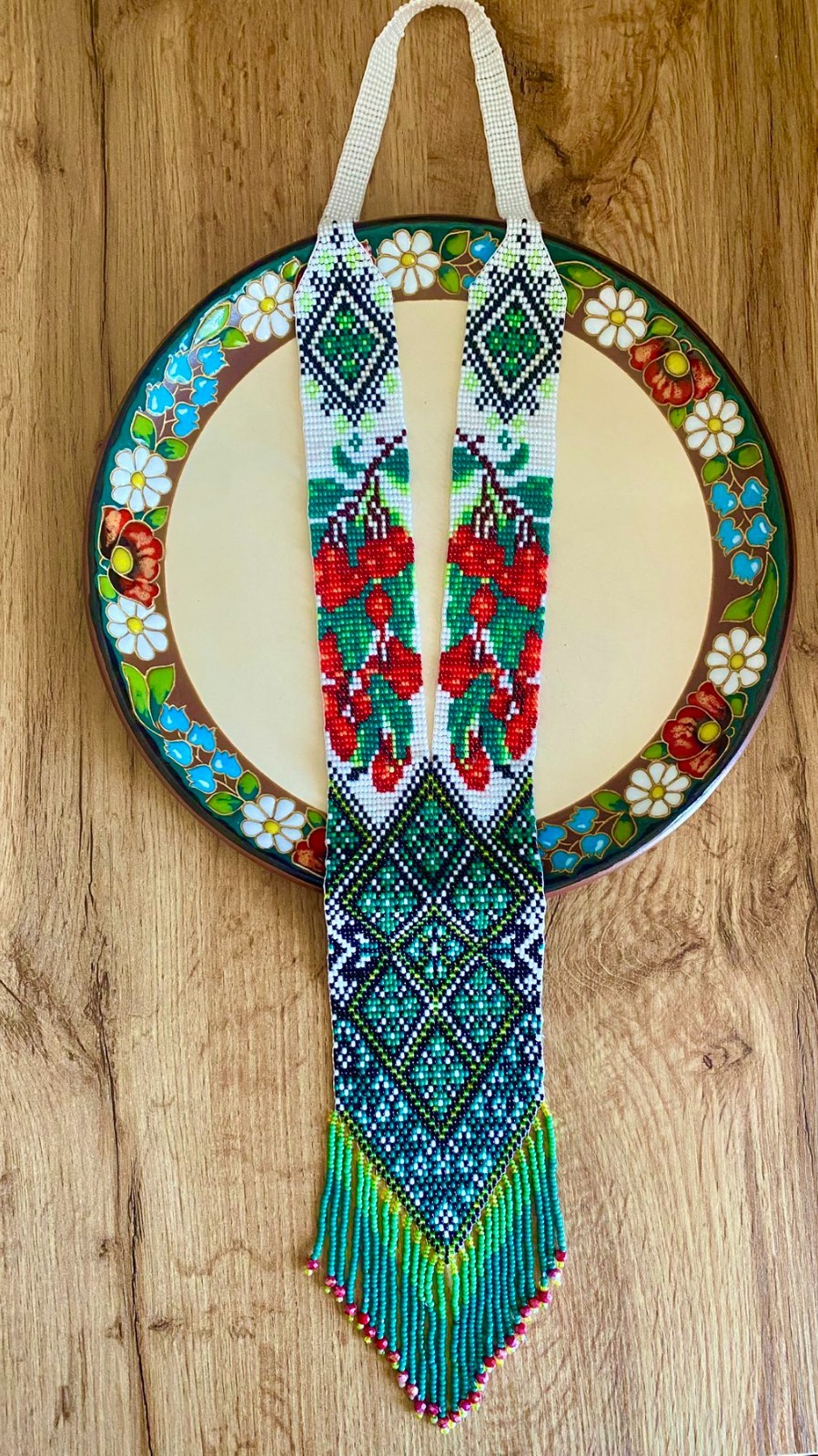 Ukrainian Handmade Beaded Gerdan Necklace Green Folk Boho Jewelry Gift Her