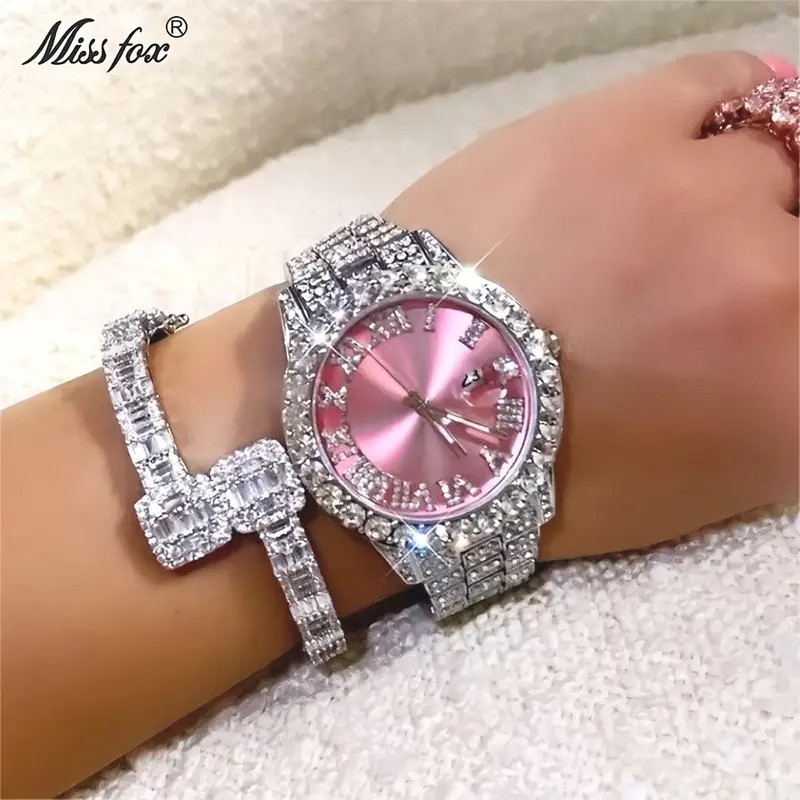 Hip Hop Luxury Ice out Women’s Watch Lady Iced Bling Silver Pink Diamond Jewelry