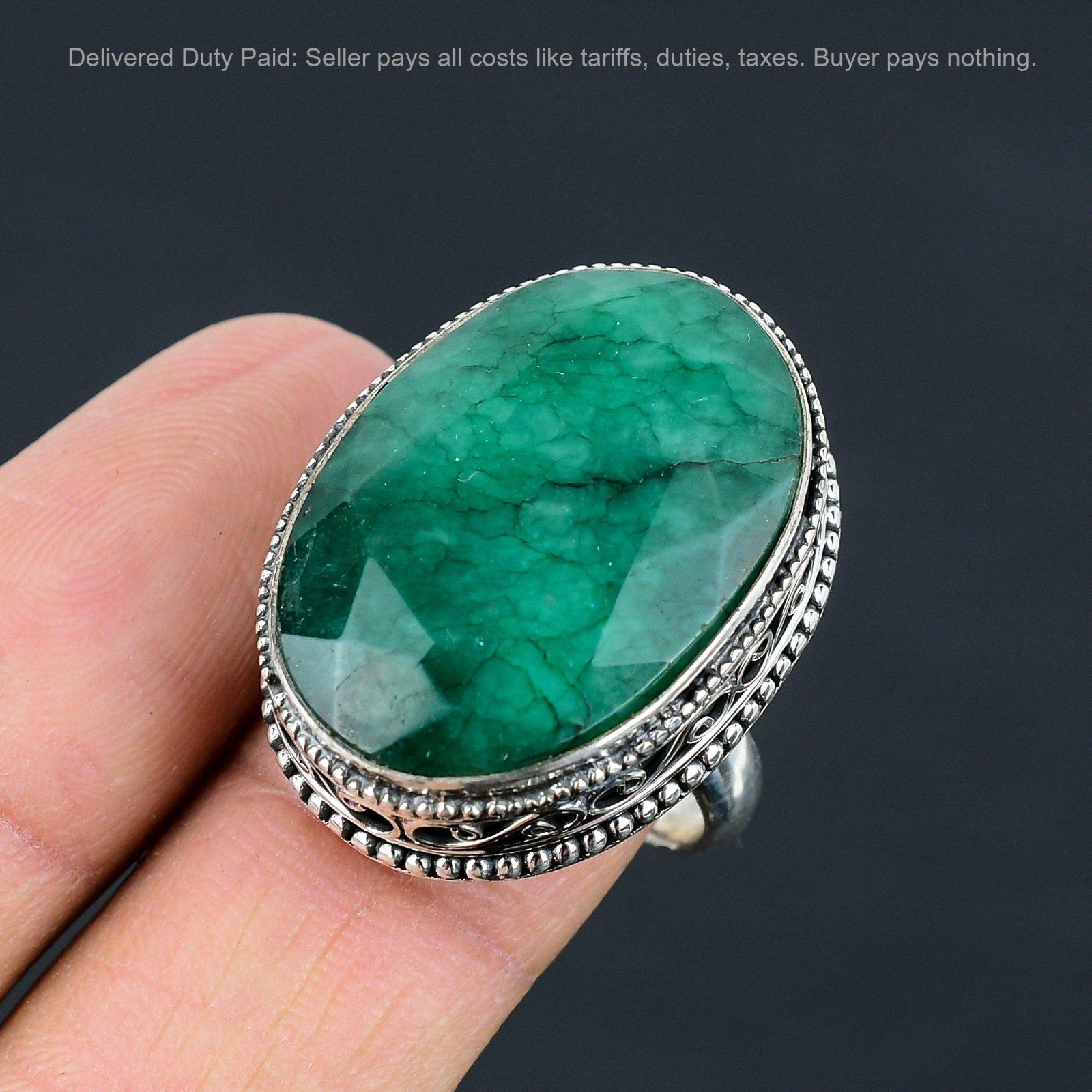 Oval Zambian Emrald Gemstone Sterling Silver Anniversary Statement Vintage Ring