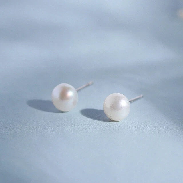 925 Sterling Silver Genuine Freshwater White Pearl Stud Earrings Gift for Women