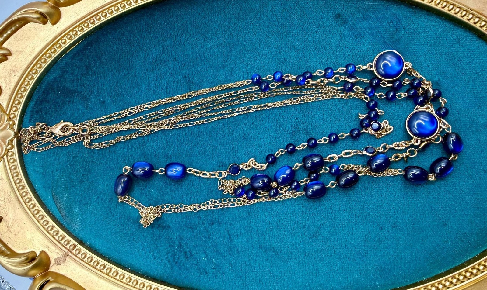 Cobalt Blue Glass Multi Strand Necklace, Gold Tone Layered Festoon Jewelry