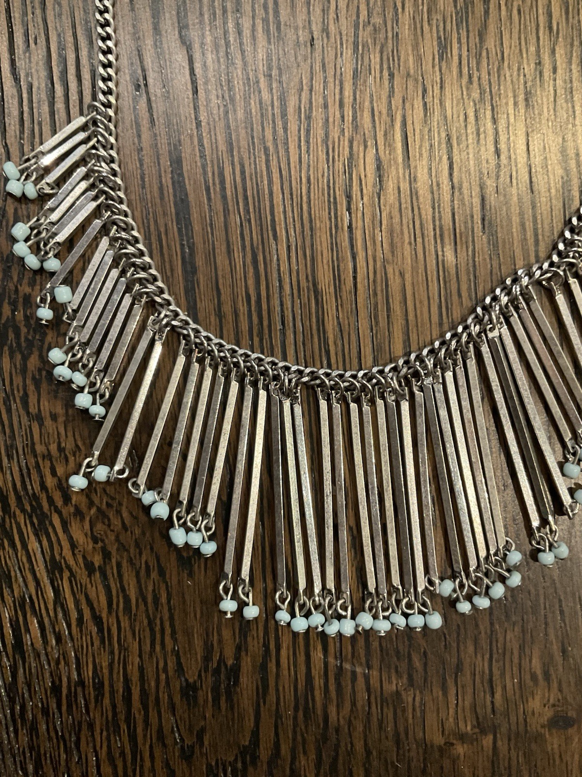 Statement Costume Silver Tone Metal Fringe Waterfall Beads Boho Necklace