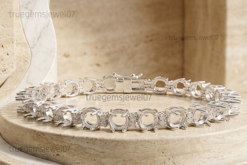 5mm to 6mm Round Semi Mount Tennis Bracelet 925 Sterling Silver Blank Settings