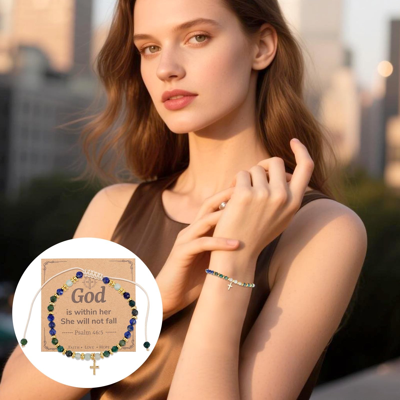 Mikovivi Christian Cross Bracelet, Adjustable Copper Alloy, Multicolor, Natural