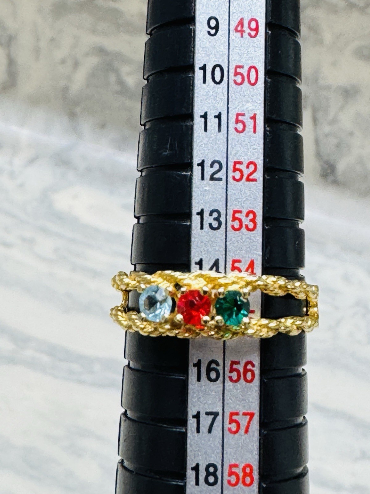 Vintage Gold Plated Sample Ring 3 Stone Blue Red Green CZ Size 7 Twisted Band