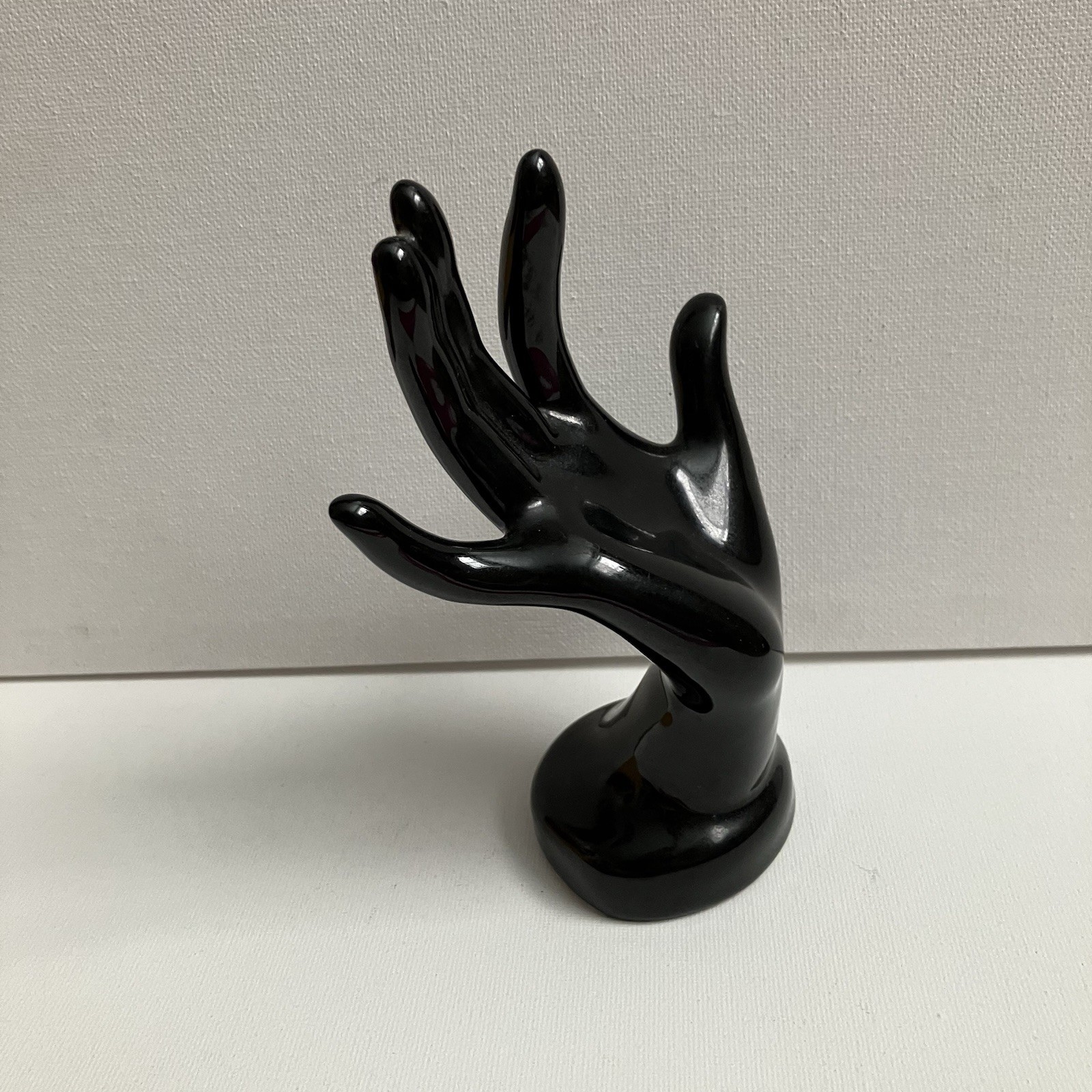 Midcentury Black Glossy Ceramic Model Hand Ring Holder Vintage. Art Deco