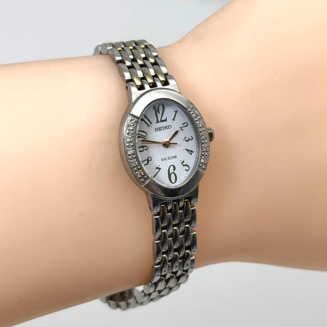 Seiko Exceline V117-0AV0 Solar Ladies Watch White Stone Bezel Japan 0713264