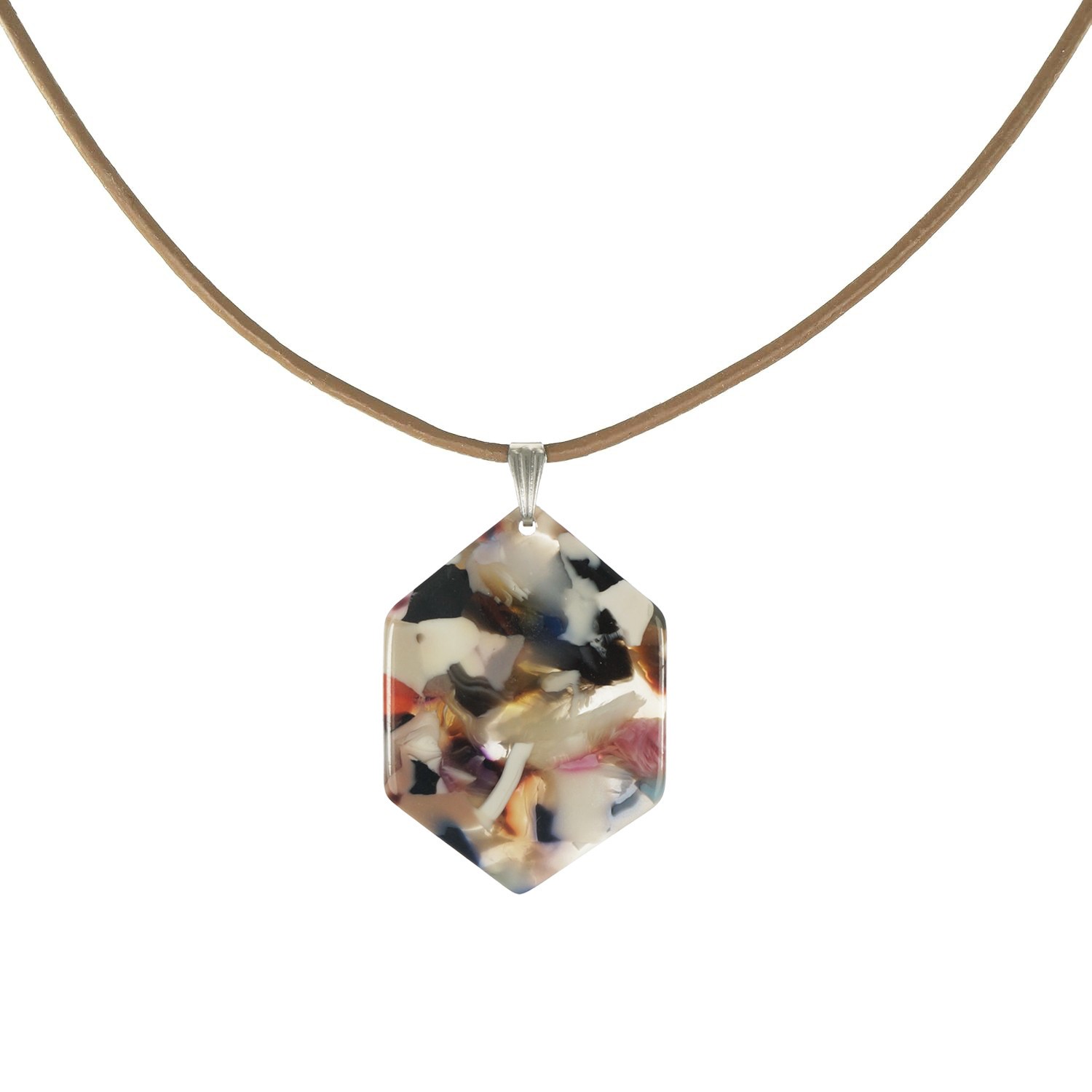 Multi Color Hexagon Acrylic Pendant Leather Cord Necklace, Black or Tan Leather