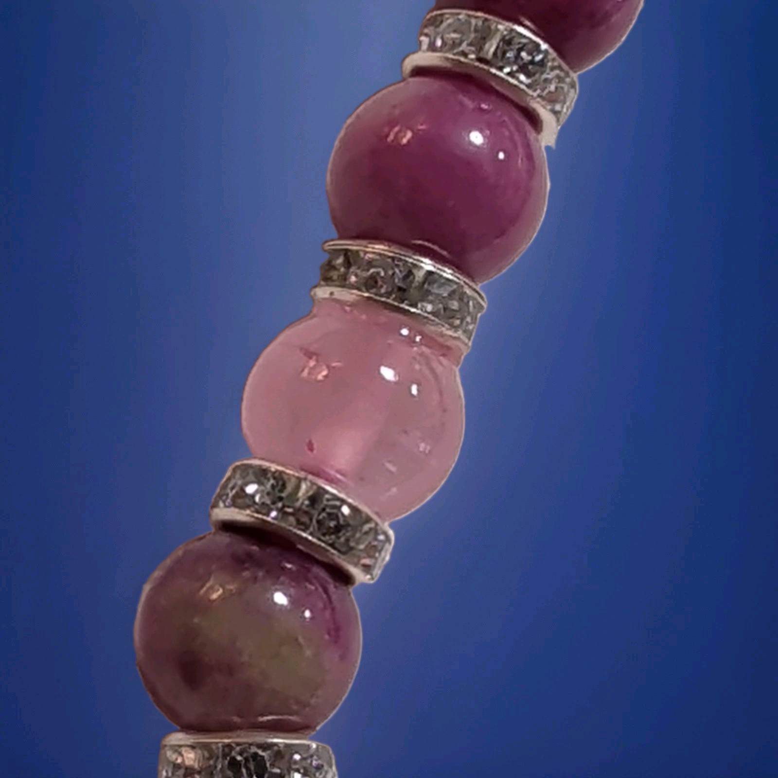 Pink Purple Stone Round Bead Stretch Bracelet 7 in w/ Rhinestone Spacer Rings