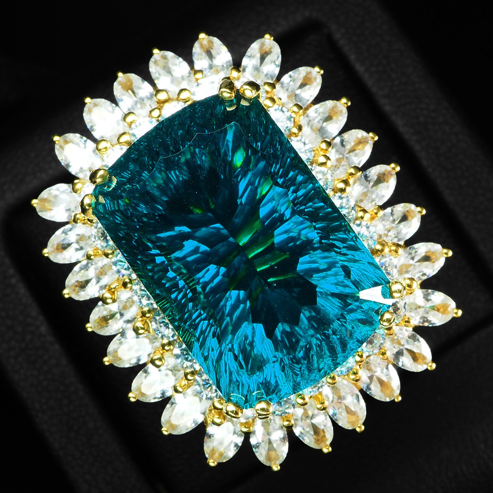 Blue Green Tourmaline Concave 33.5Ct 925 Sterling Silver 24K Gold Ring Size 6.75