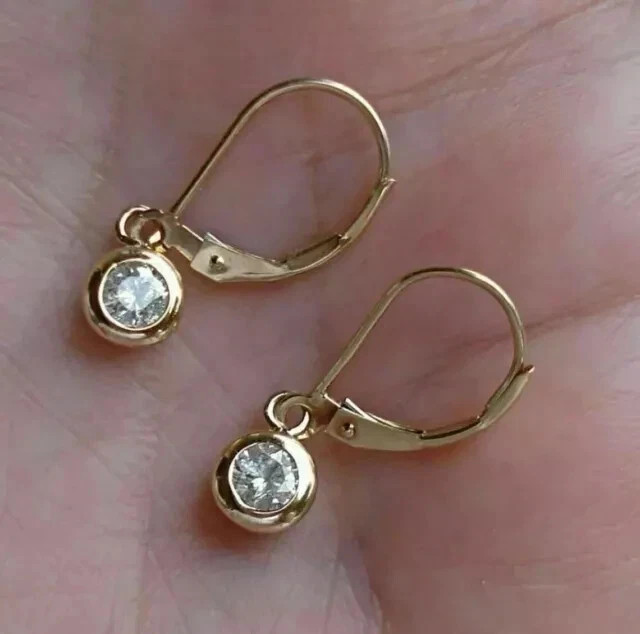 1Ct Round Lab Grown Diamond Lever Back Dangle Earrings 14K Yellow Gold Plated