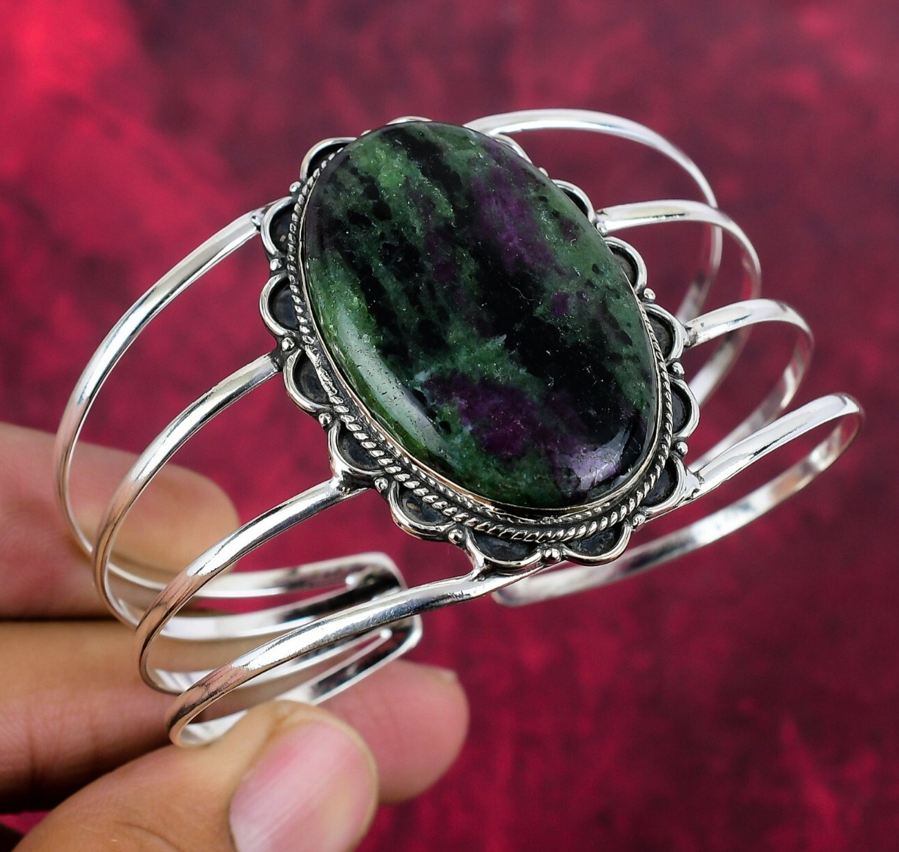Ruby Zoisite Gemstone 925 Sterling Silver Handmade Adjustable Bangle Jewelry