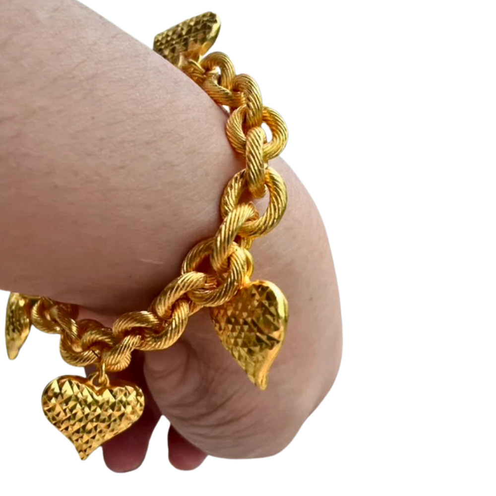 Bracelet Rope Chain 24K Gold Plated Heart Charm 5 Baht 6.5-8.5 in Jewelry Women