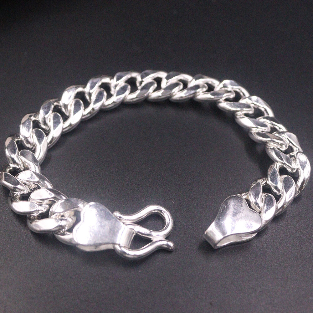 Pure S999 Fine Silver 999 Chain Men 12mm Curb Link Bracelet 60-61g 7.9inchL