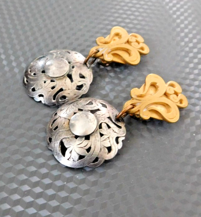 VTG Marjorie Baer MB SF Mixed Metal Etched Earrings Dangle Boho Clip On