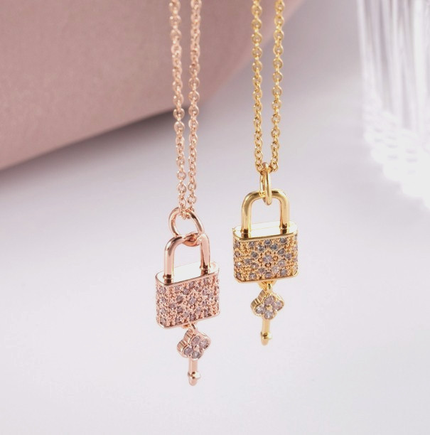 Titanium Silver/Gold/Rose Gold Flower Lock Key Pave CZ Pendant Chain Necklace