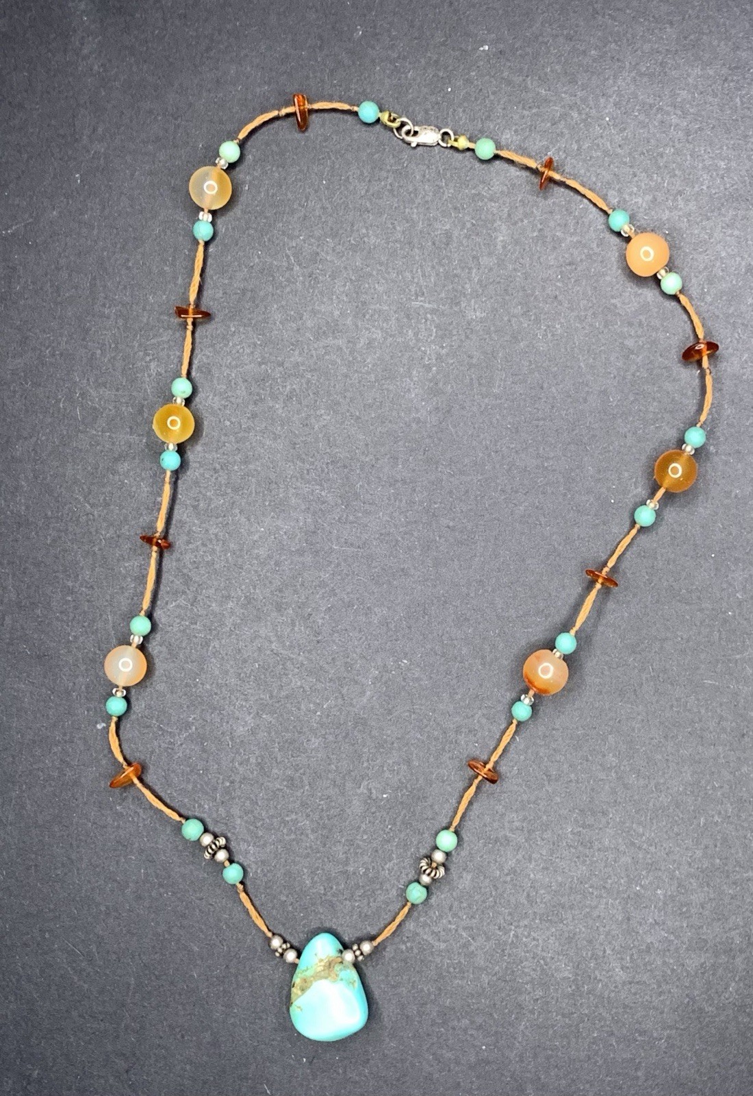 Genuine Turquoise Necklace Real Amber Beads Southwestern Pendant