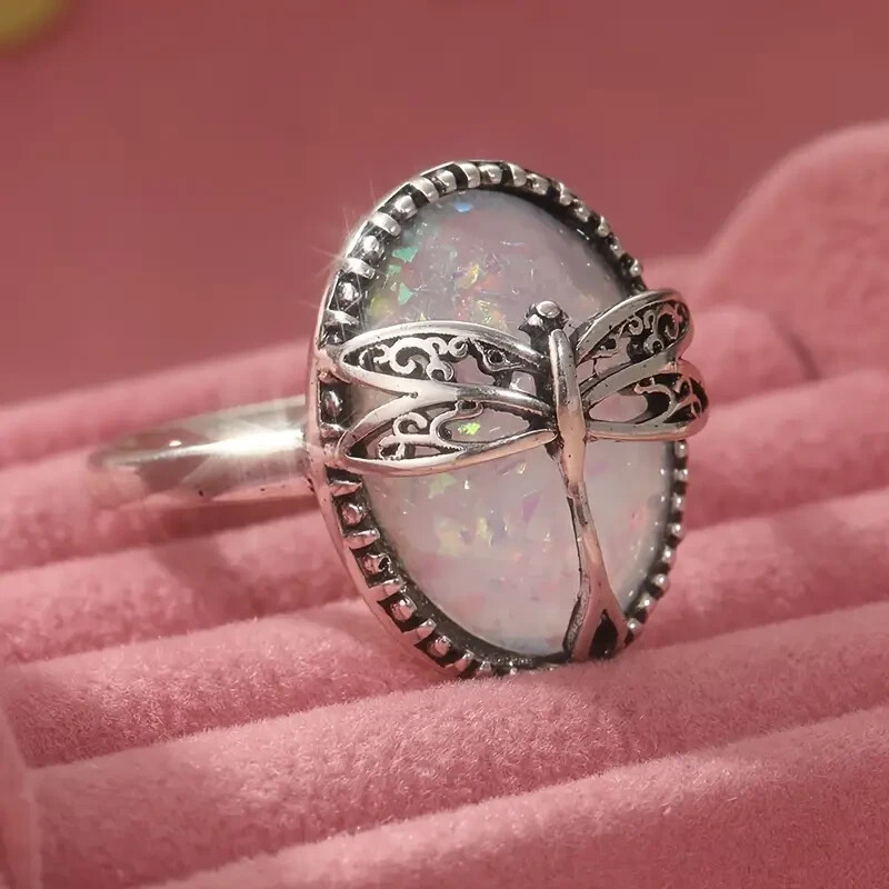 Elegant 925 Sterling Silver Rainbow Opal Charms Engagement Wedding Ring Size 9
