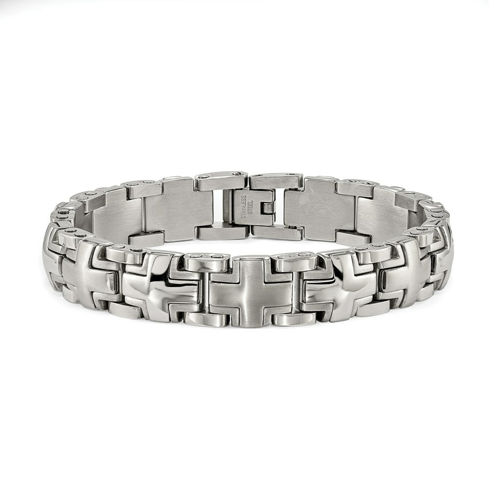 Stainless Steel Brushed and Polished Cross 8.25in Heavy Link Bracelet