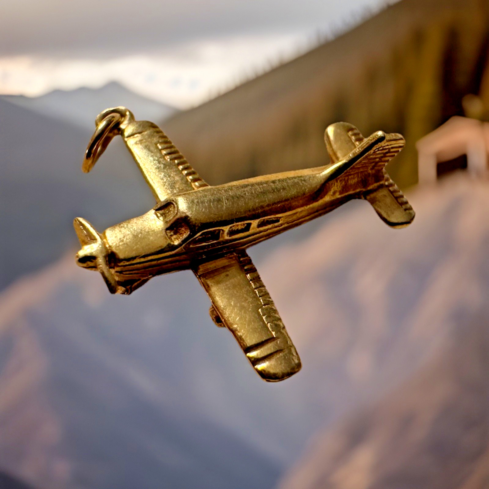 14K Solid Yellow Gold Vintage 3D Cessna Airplane Charm Propeller Aircraft