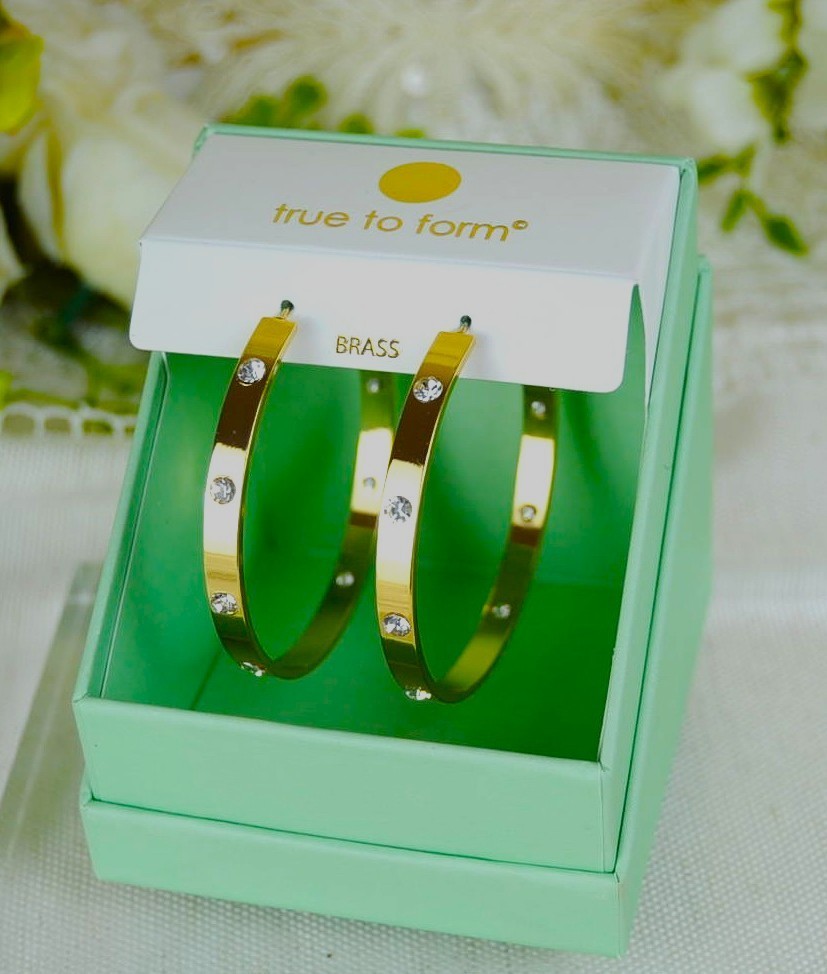 True To Form Hoop Earrings CZ Solid Brass 2 1/8″ Diameter . New in Box