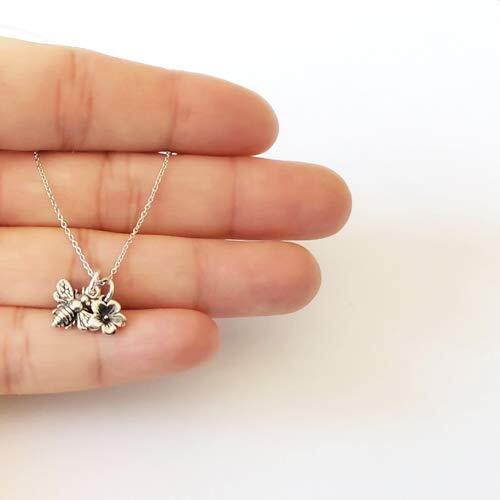 Bumble Bee Charm Sterling Silver Necklace with Flower Charm Necklace