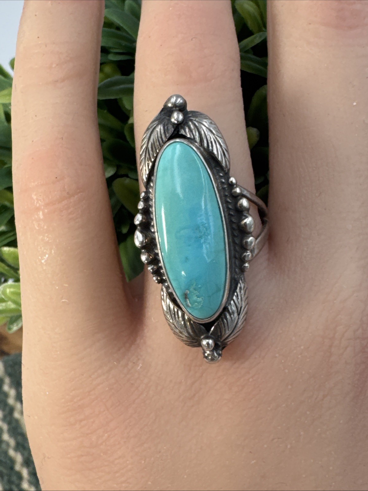 Circle J.W. Navajo Sterling Silver & Turquoise Feather Ring Size 7 / 7.89g
