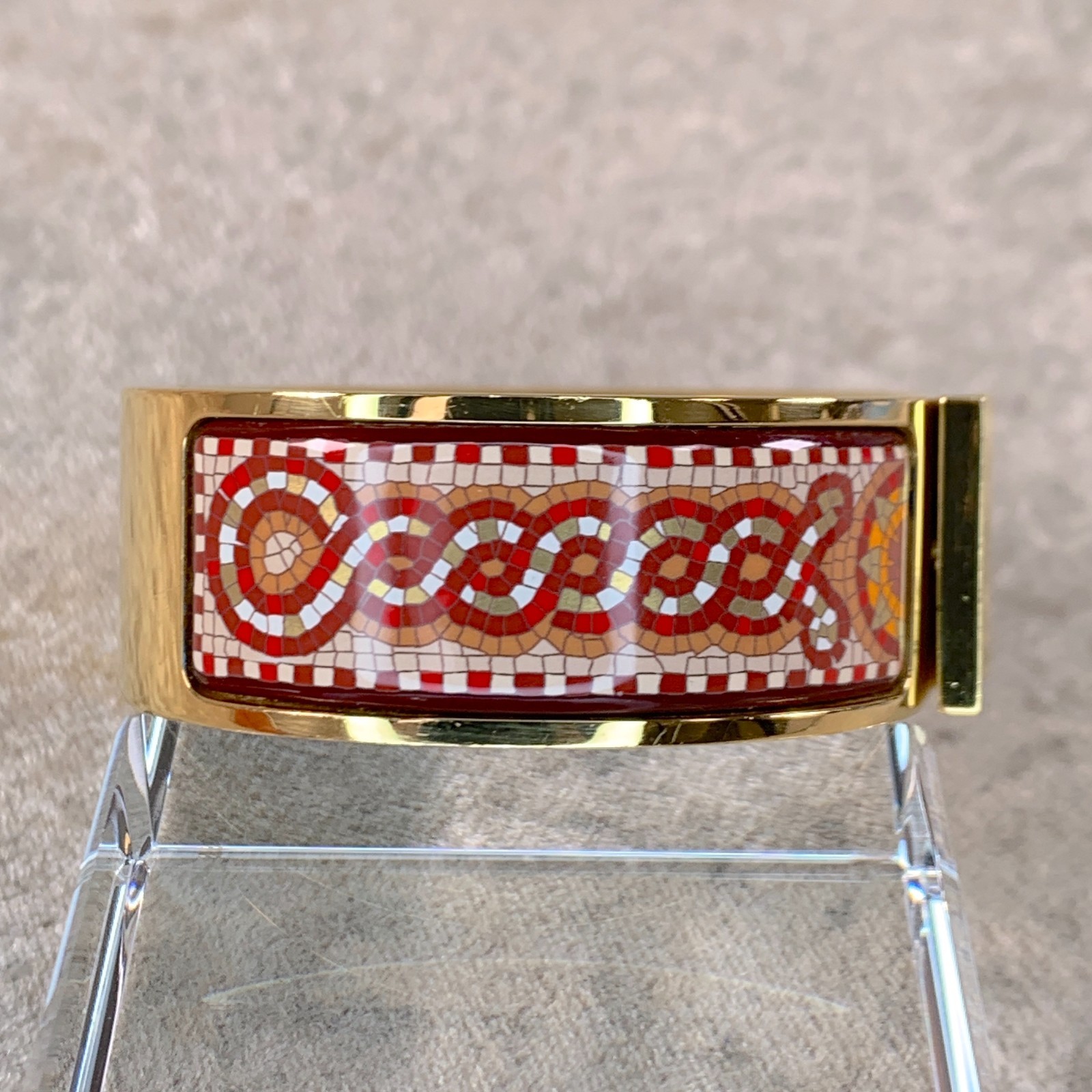Vintage Hermes Clic Clac Bangle Bracelet Mosaique Red Enamel Gold Size GM w/Box