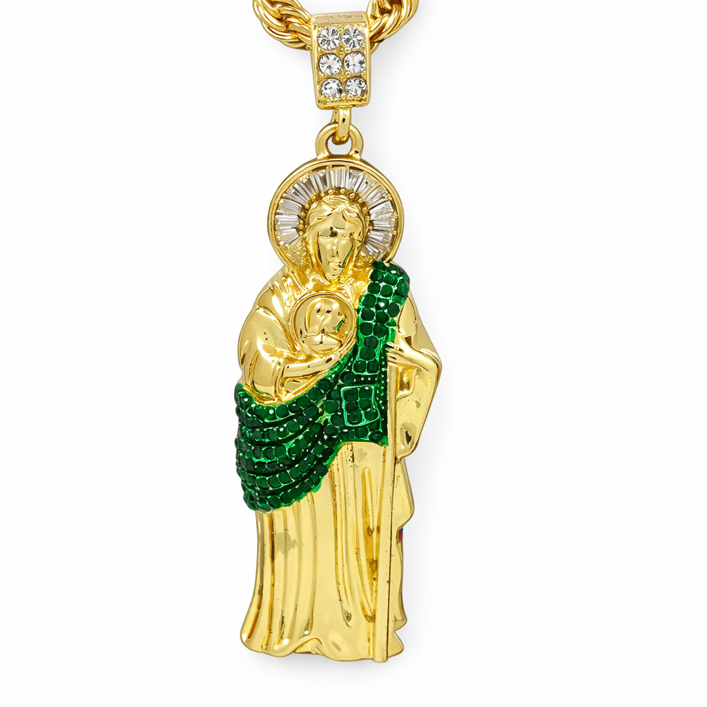 14K Gold Plated San Judas Pendant Necklace with Iced Out CZ, Rope Chain Large GR