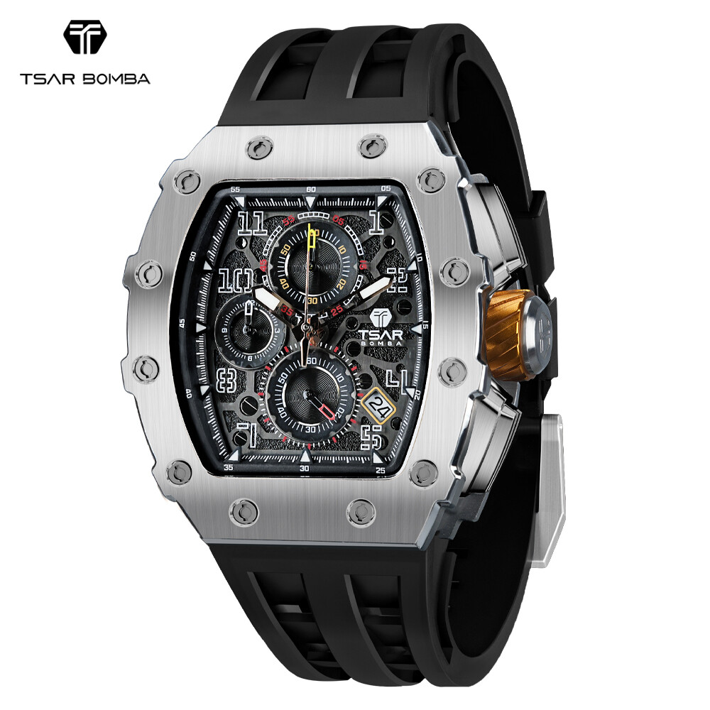 TSAR BOMBA Luxury Men’s Quartz Watch Tonneau Design 5ATM Chronograph Silicone