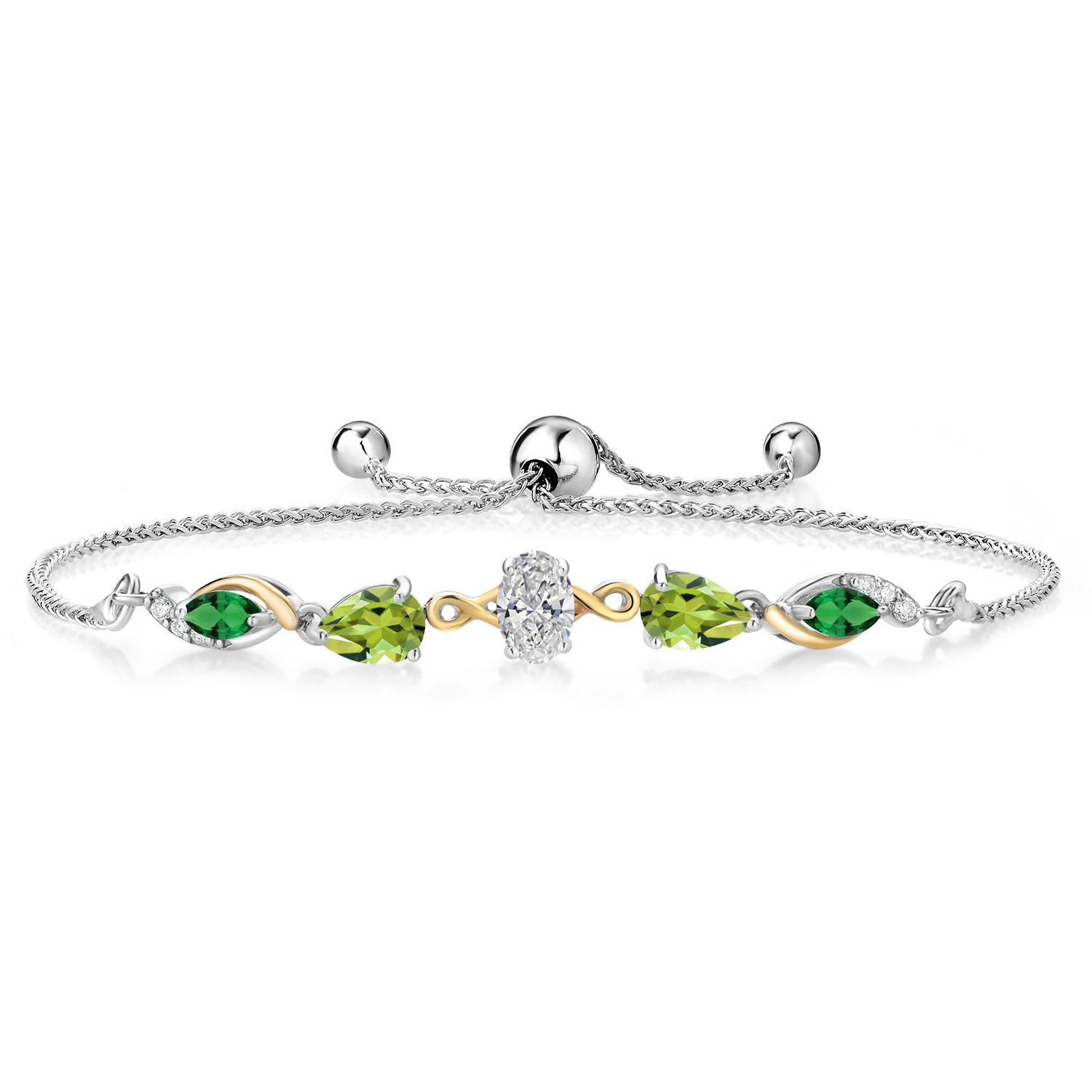 925 Silver and 10K Yellow Gold Lab Grown Diamond, Peridot and Nano Emerald