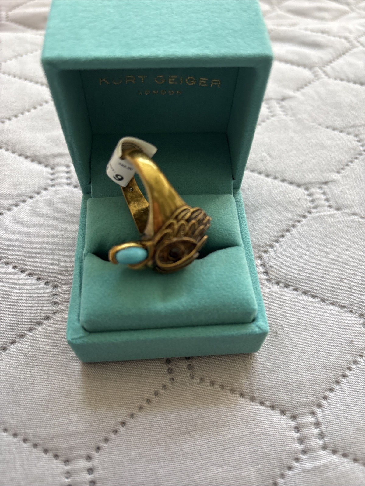 KURT GEIGER LONDON ANTIQUED GOLD TONE EAGLE HEAD RING TURQUOISE 9 New In Box