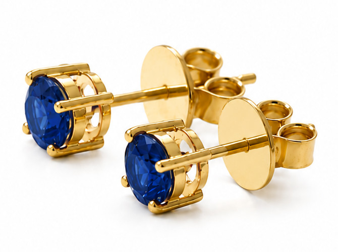 Lab Grown Blue Sapphire Stud Earrings in Yellow Gold Finish Classic Round Cut