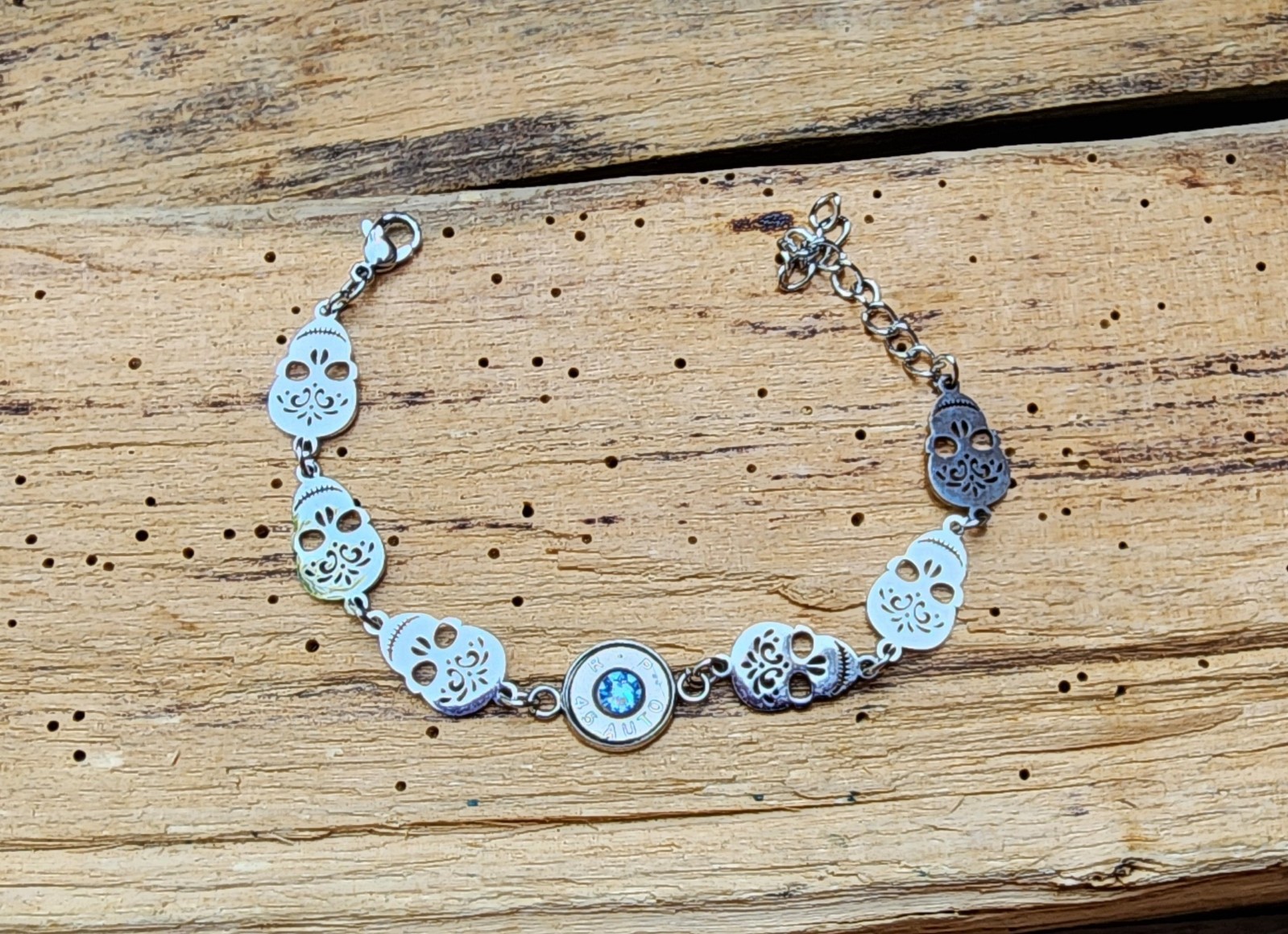 Stainless Steel Bracelet with Sugar Skulls and 9 mm bullet. Optional Color