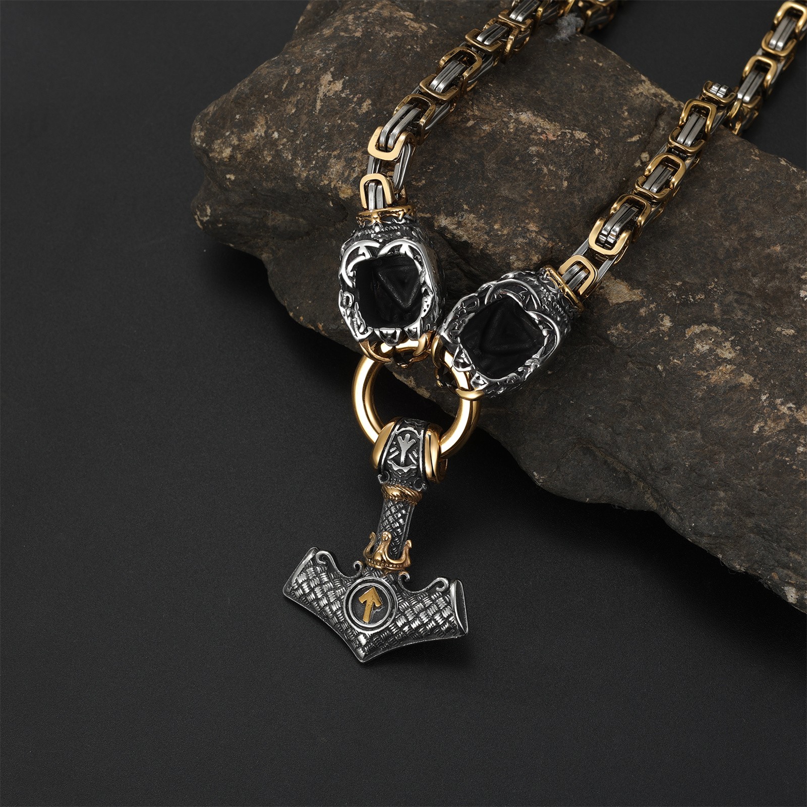 Men’s Viking Thor’s Hammer Stainless Steel Necklace Bear Claw Byzantine Chain