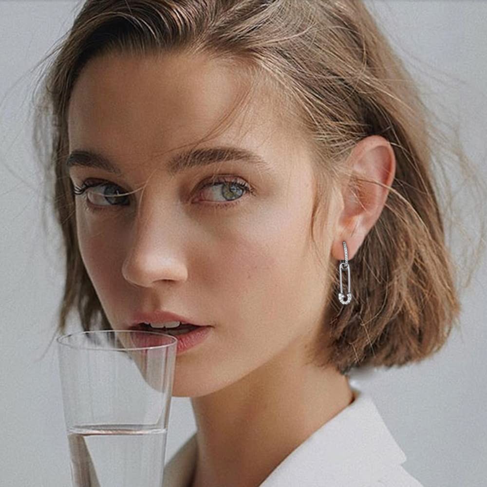 Cute CZ Safety Pin Small Dangle Drop Cuff Cartilage Hoop Earrings for Women S…