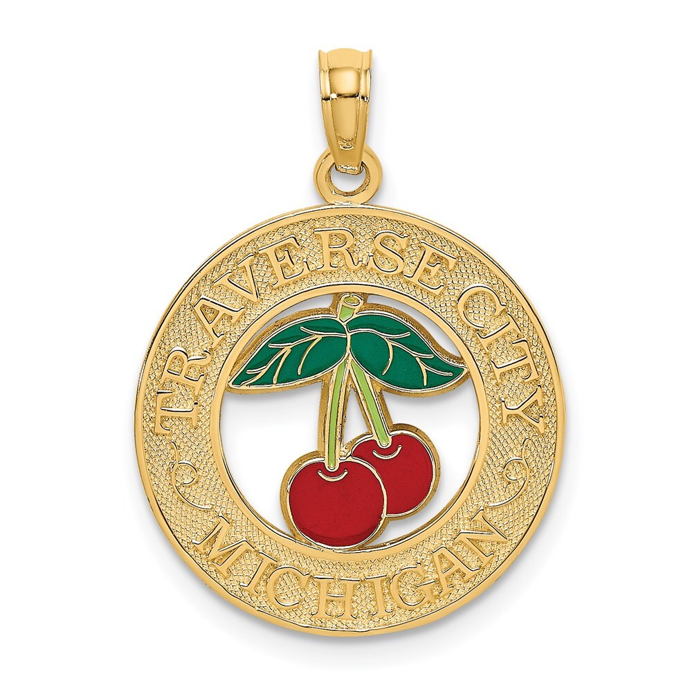 14k Yellow Gold TRAVERSE CITY MI Enamel Cherry Charm Pendant for Women 1.95g