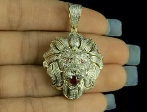 3Ct Lab Created Diamond Round Lion face Men’s Pendant 14K Yellow Gold Plated