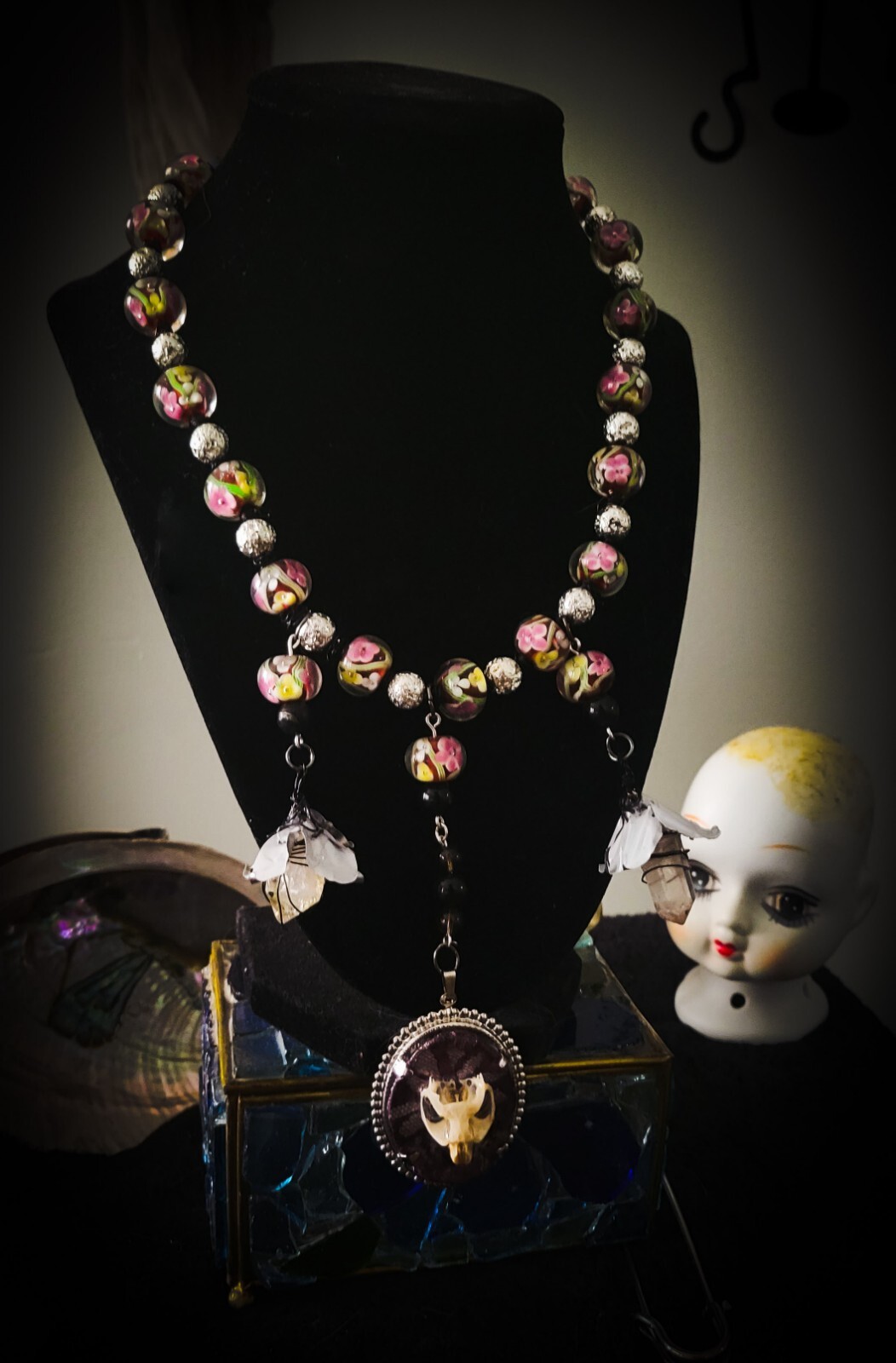 Handcrafted Necklace, Earring Set- Upcycled Vintage Beads, Animal Bones, Quartz